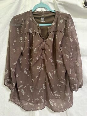 St. John's Bay Brown Paisley Button-Front Peasant Blouse